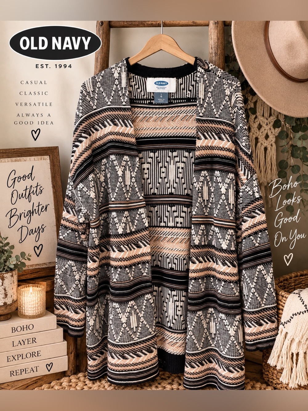 Old Navy Oversized Open Front Cardigan L Boho Geometric Southwestern Knit